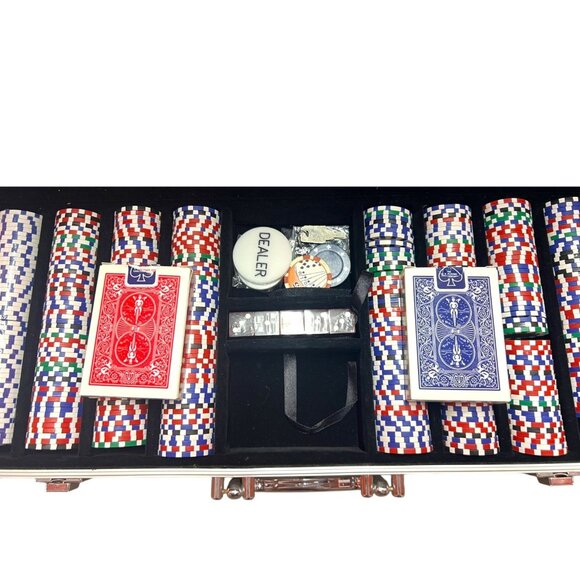 500-Piece Poker Chip Set With Aluminum Carrying Case Dealer Button & 2 Decks Of - Picture 3 of 5